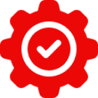 Checkmark inside red gear symbol