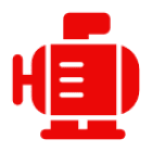 Red mechanical pump symbol with black background