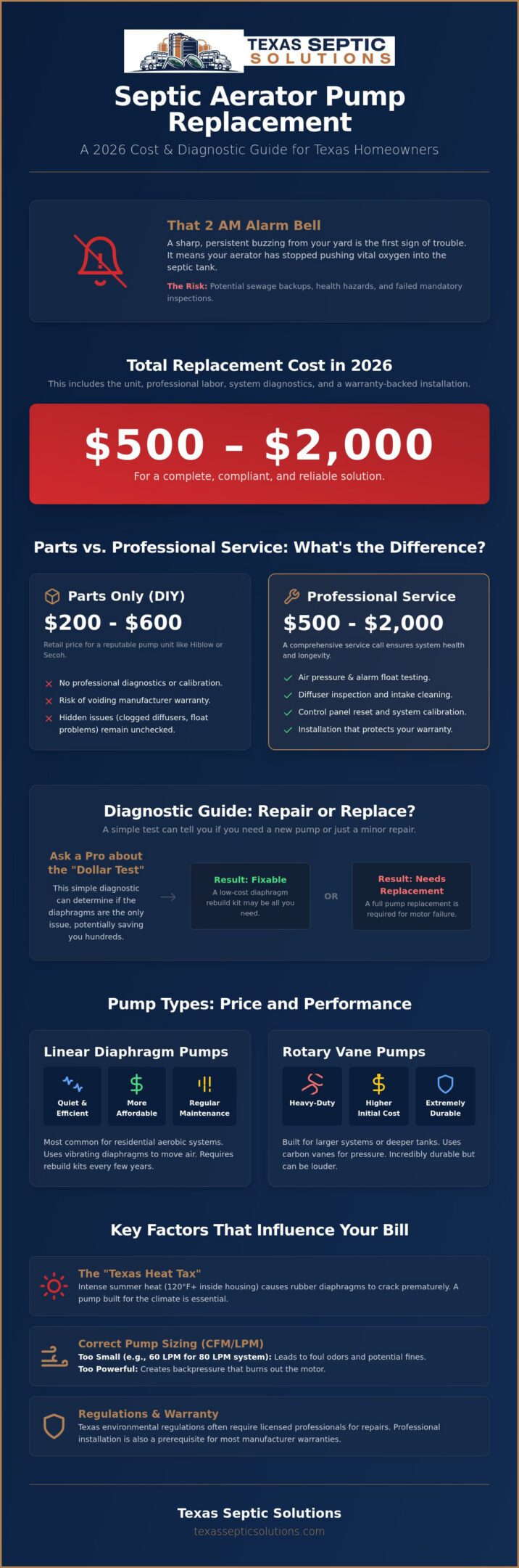 Septic Tank Aerator Pump Replacement Cost: 2026 Homeowner Guide