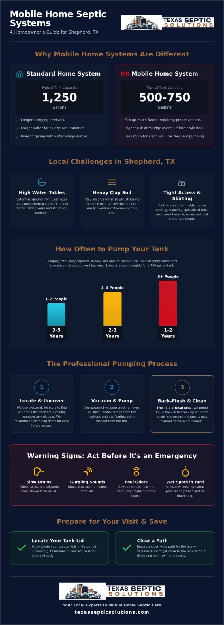 Septic Tank Pumping for Mobile Homes in Shepherd, TX: The Complete 2026 Guide
