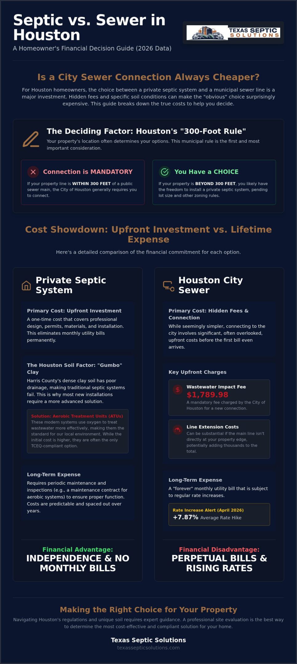 Septic vs. City Sewer Connection Cost in Houston: 2026 Comparison Guide