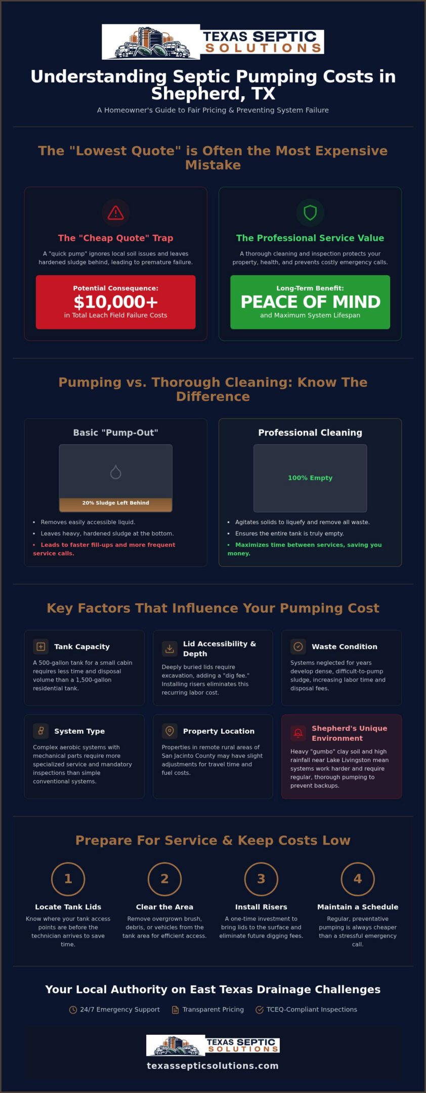 Septic Tank Pumping Cost in Shepherd, TX: 2026 Homeowner Price Guide
