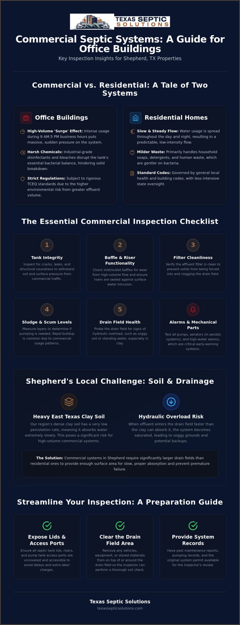 Commercial Septic System Inspection Checklist for Office Buildings in Shepherd, TX